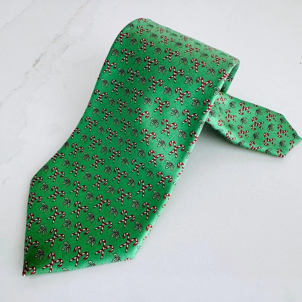 Vineyard Vines Candy Cane Holly Necktie Mens One Size Green Silk Holiday Festive